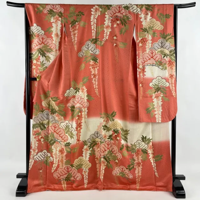 Japanese Silk Kimono Vintage Furisode Gold Gorgeous Pink Thread Pine Tree 66in