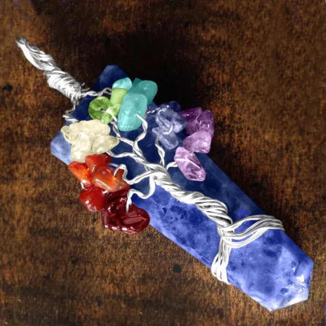 Blue Lapis Lazuli Chakra Gemstone Pendant Silver Wire Wrap Tree Of Life Necklace