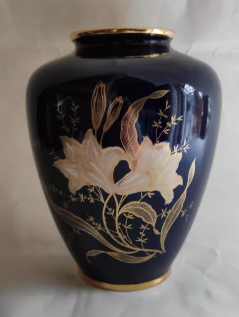 Vase Keramik v. Staffel Limburg Kobaltblau Dekor Blumen Gold