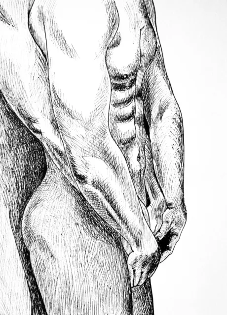 Male Nude Drawing ORIGINAL ink end pen Nude  Fine Art+ Signed 8х6 gay interest