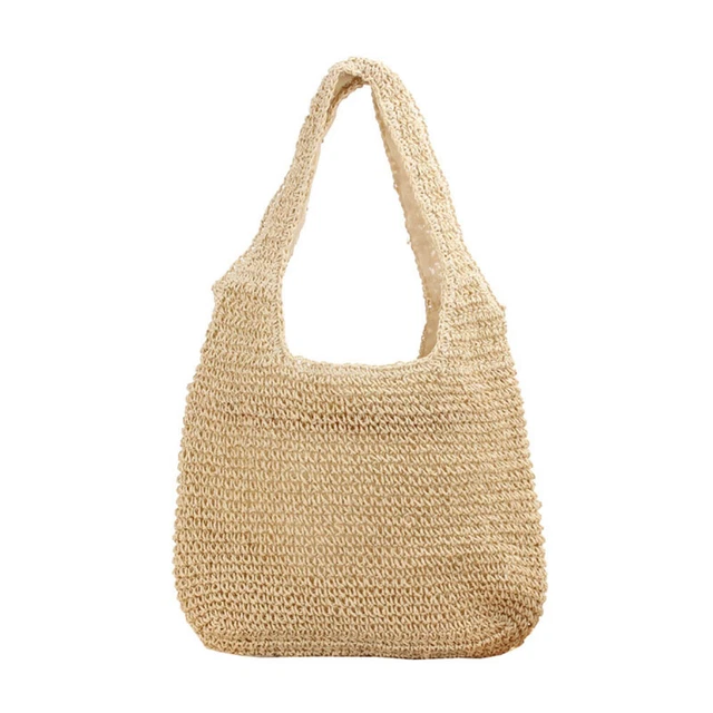 Large Capacity Summer Beach Bag Handbag Tote with Zipper Vacation Rattan Totes -