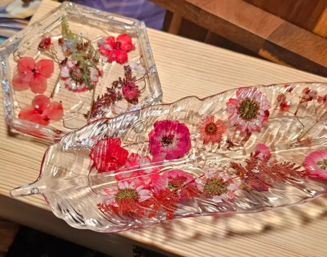 Handcrafted Artisan Floral  Incense Holder Tray - Clear Red Floral - Set of 2