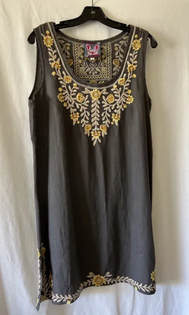 JOHNNY WAS Gray Linen Embroidered Dress Sz M