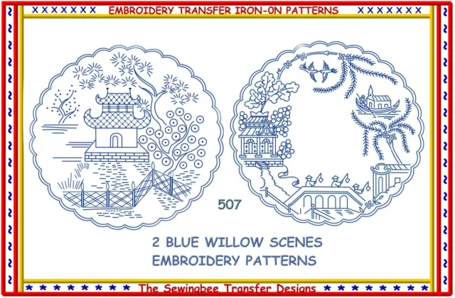 505 - 4 Blue Willow Oriental Embroidery Transfer pattern NEW!