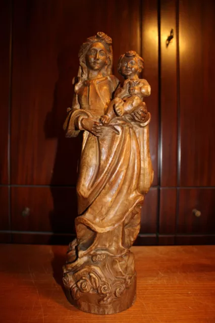 Antique 16" Wood Hand Carved Our Lady Virgin Mary Madonna + Jesus Christ Statue