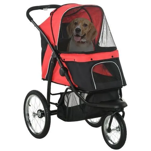 PawHut Three-Wheel Pet Stroller, for Medium, Small Dogs, Foldable Cat Pram - Red
