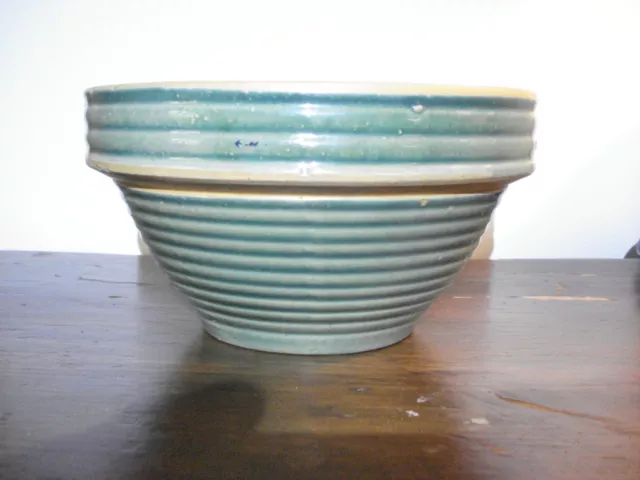Antique Yellowware Green Ribbed Mixing Bowl 8 1/4" By 4 1/2"