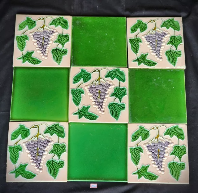 Vintage Grapes Vine Embossed DK TM Architecture Tile , Japan - Set of 9 CT231