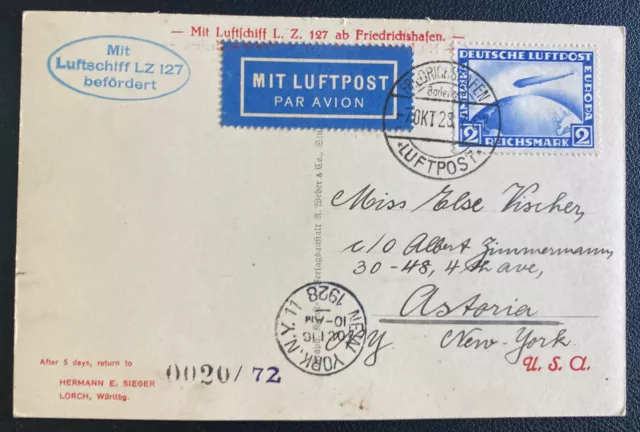 1928 Germany Graf Zeppelin LZ 127 RPPC Postcard Cover To Astoria NY USA