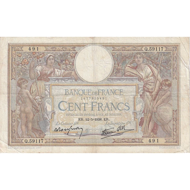 [#195698] France, 100 Francs, Luc Olivier Merson, 1938, Q.59117, TB, Fayette:25.
