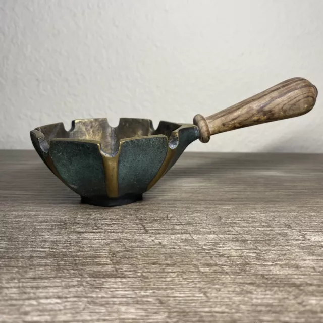 MCM Cup Ribbed bronze / brass Ash Tray Olive Wood handle green enamel Israel