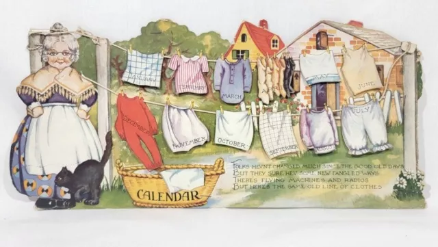 1930 Calendar w/Clothes on Line, Garment for Each Month, Verses, Cat, Granny