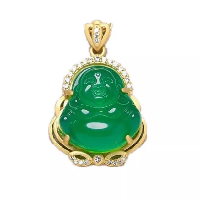 Beau collier pendentif bouddha en jade vert foncé en or 14 carats