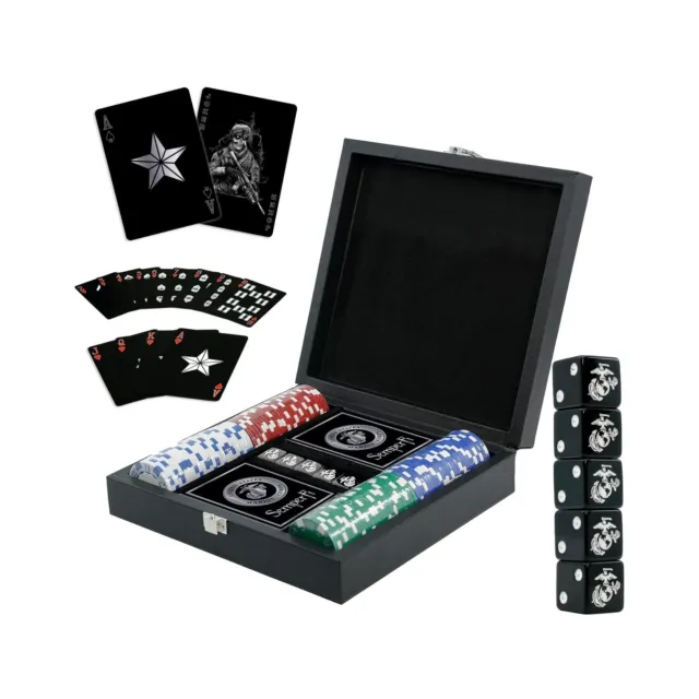 USMC Casino Poker Chip Set &#8211; 100 Piece Poker Chips, Marine Corps Cards and