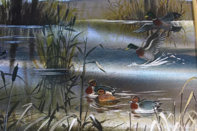 Vintage Foil Picture Flying Mallard Ducks on Lake Scene Camp Lodge Decor