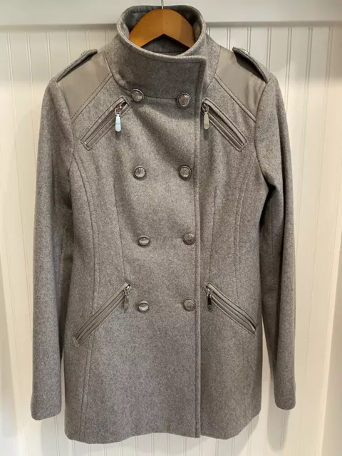 NWOT Vince Camuto Wool Gray Military Style Pea Coat Double Silver Button XS