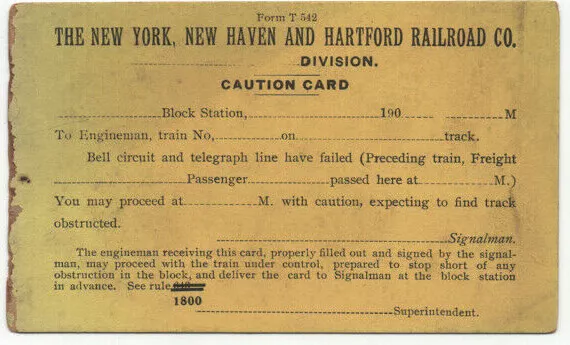 Rare 1910's New York, New Haven, Hartford Railroad Co. Caution Card Unused /