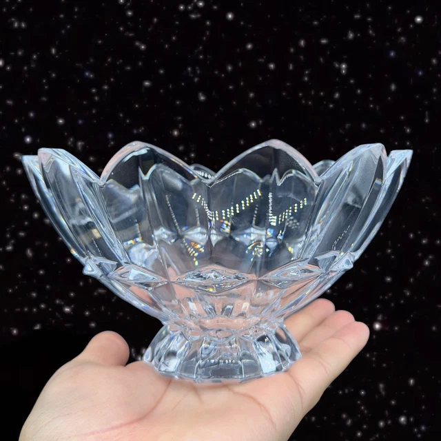 Clear Crystal Lotus Flower Bowl Centerpiece Art Glass Vintage Glass 3.75”T 7”W