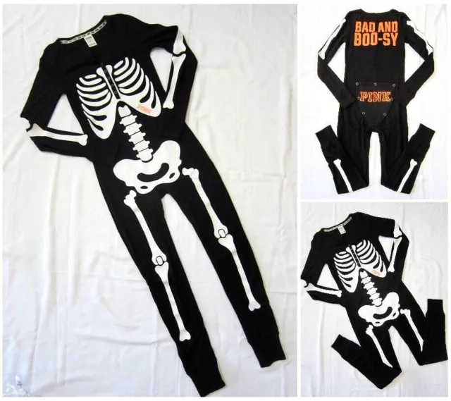 Victoria Secret Pink SKELETON HALLOWEEN THERMAL JUMPSUIT ONE PIECE Pajamas XS S