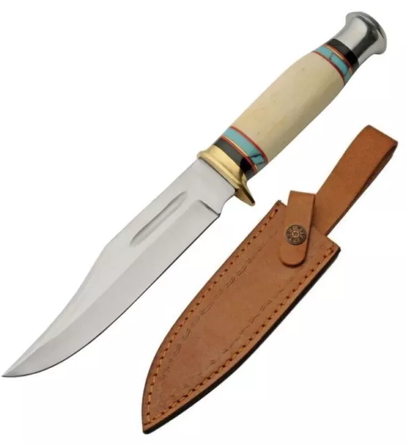 🔥 Real Bone Fixed Blade Bowie Hunter 11.25" Knife + Brown Leather Belt Sheath