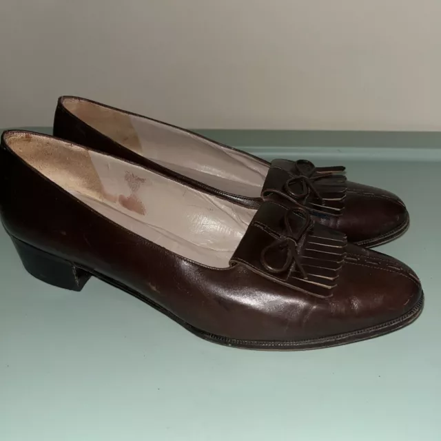SALVATORE FERRAGAMO LOAFERS Brown Leather Fringe W/ Bow Shoes Sz 7.5 ...