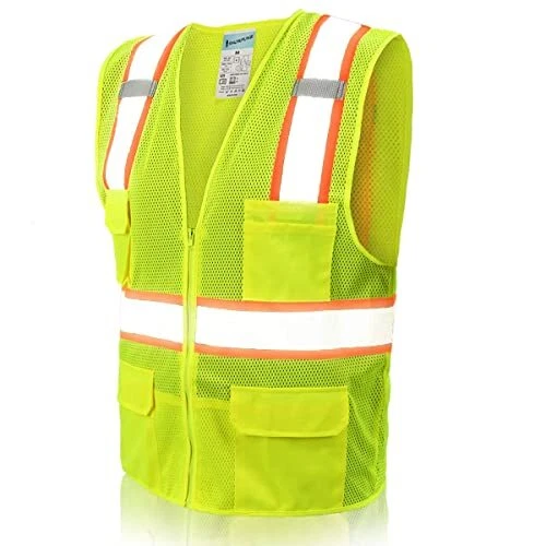SHORFUNE High Visibility Safety Vest with Pockets, Mic Tabs, Large Yellow