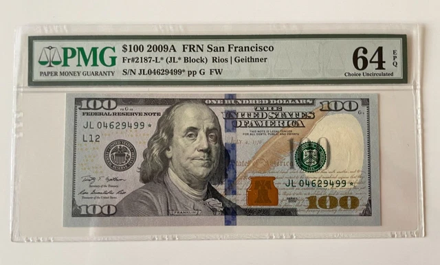 USA 2009 A $100 Federal Reserve Star Note  FR#2187-L* PMG 64 Unc EPQ