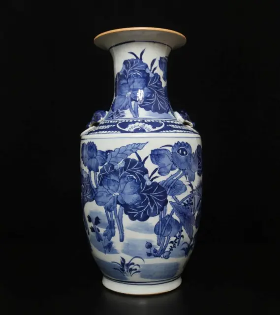 42.5CM Guangxu Singed Old Chinese Blue & White Porcelain Vase w/ louts flower