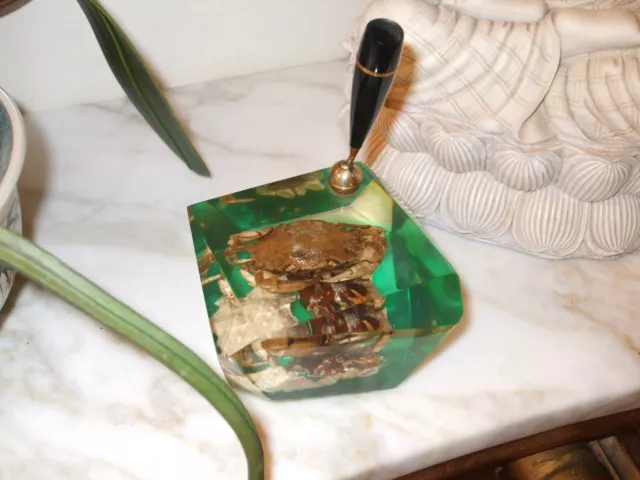 Retro Desktop Pen Holder And Paper Weight Crab In Lucite Original