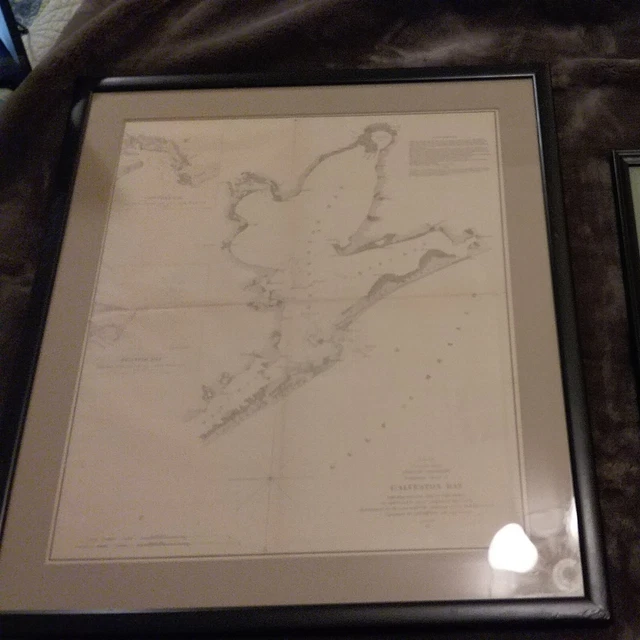 1851 US Coast Survey A.D. Bache Antique Map of Galveston Bay, Texas USA framed