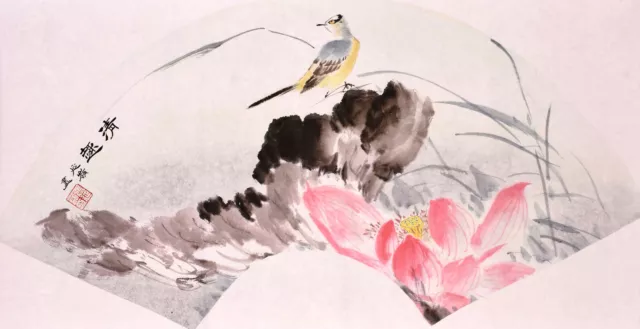 HANDPAINTED ORIENTAL ASIAN ART CHINESE WATERCOLOR PAINTING-Bird&Lotus flower