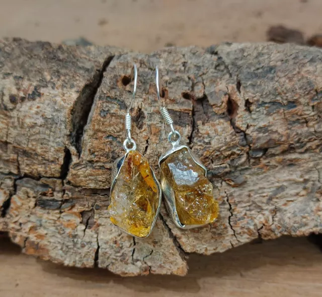 Boucles d'oreilles en Citrine brute naturelle, bijoux indiens en argent...