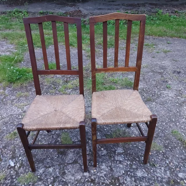 Pair of Vintage Rush Seated Oak Chairs