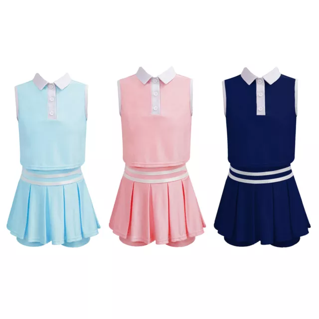 Kids Girls Tennis Skirts Set Lapel Collar Sleeveless Tops Sport Vest with Shorts