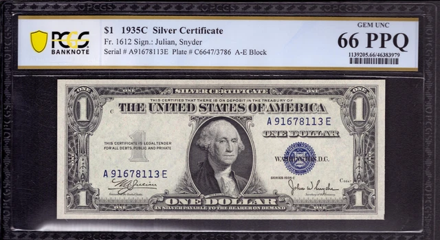 1935 C $1 Silver Certificate Note Fr.1612 Ae Block Pcgs B Gem 66 Ppq
