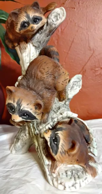 1978 Vintage Masterpiece by "Homco" 3 Porcelain Baby Raccoons on a Tree Stump