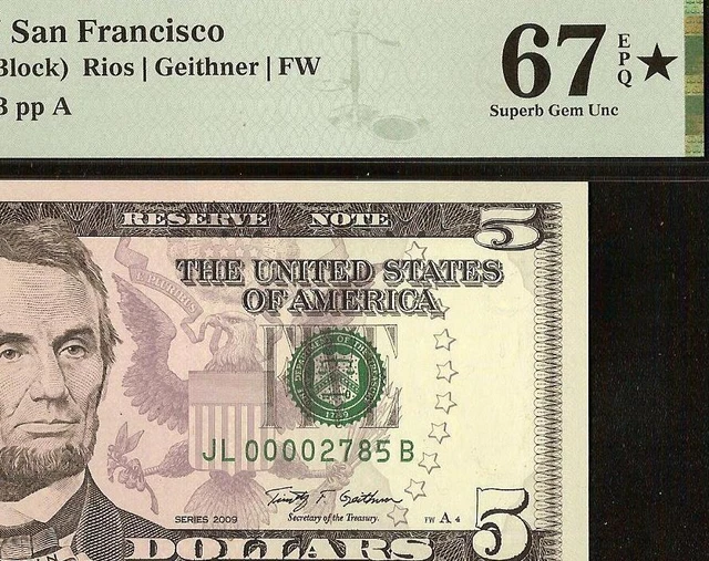 2009 $5 Low Number Federal Reserve Note Money Superb Gem Pmg 67 Epq Black Star