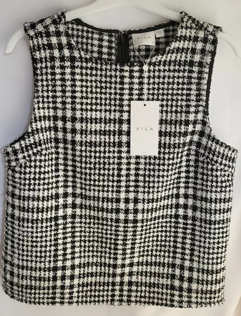 NEW Ladies Vila Sleeveless Top Black/White Checks  Knit Material  XS 36 inches