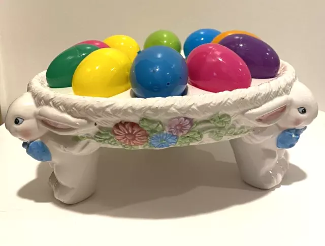 Easter Bunny Rabbit Spring Pedestal Dyed Egg Plate 3 Rabbits Deviled Egg Dish