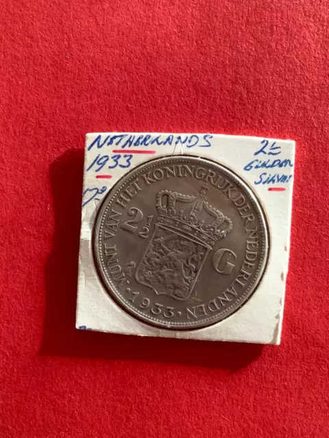 Münze Niederlande 2 1/2 Gulden 1933 Silber Wilhelmina