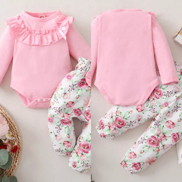 Newborn Baby Girls Clothes Ruffle Romper Bodysuit Tops Floral Pants Outfit Set 3