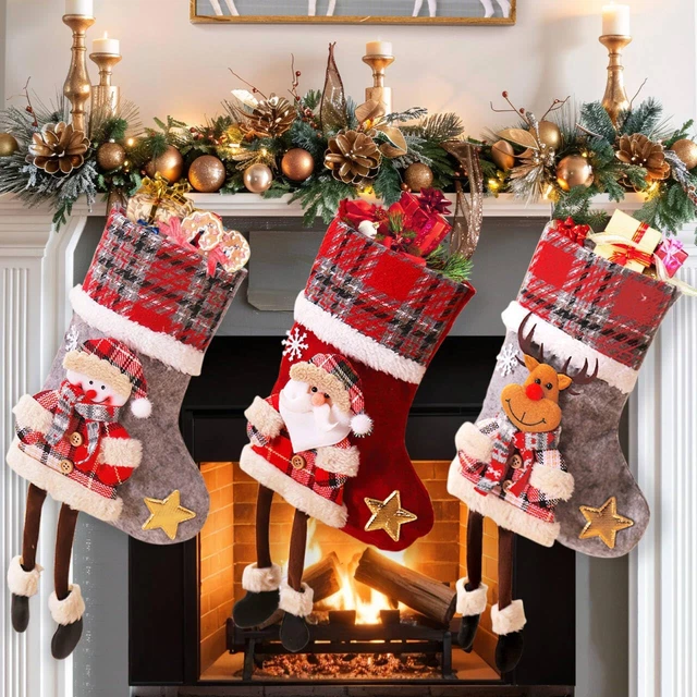 Set Di 3 Calze Natalizie Piccole In Juta Da Appendere - Per Camino, Albero Di Natale, Decorazioni Festive Con Motivi Babbo Natale, Pupazzo Di Neve E Renne