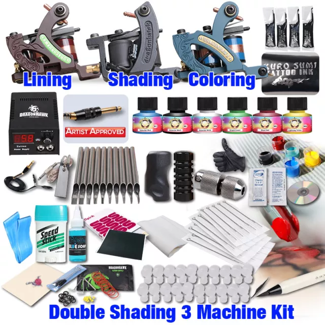 Professional Complete Tattoo Kit 3 Top Machine Gun 6 Inks 50 Needle Power Supply