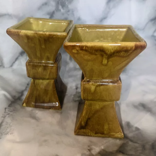 Gonder Original Pottery Vases (PAIR) 2x 6” Yellow Drip Glaze Art Deco Modern