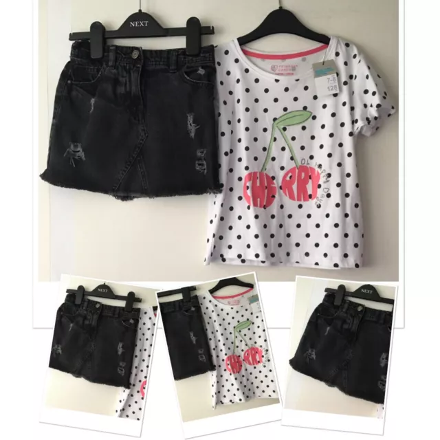 Next Girls Black Wash Denim Distressed Skirt Exc U & New Tags Prk Top 7-8 Years