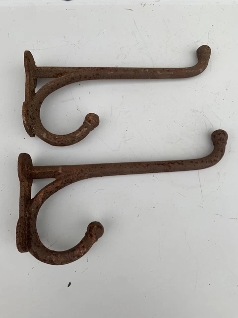 Vintage Pair Double Hook Coat Hanger Cast Iron Heavy Duty Farm Shed Barn
