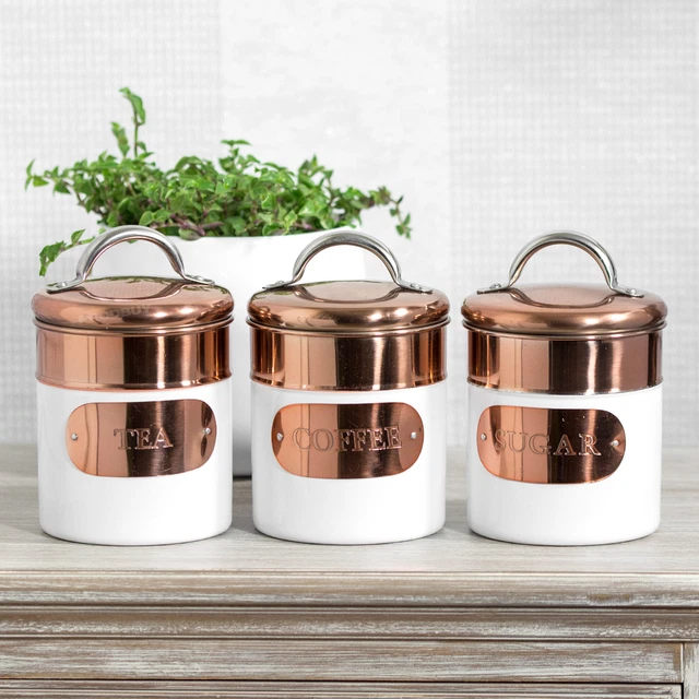 SET OF WHITE Copper Tea Coffee Sugar Canisters Storage Jars Rose
