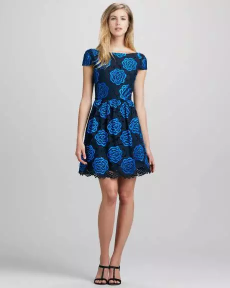 Alice & Olivia Black Blue Floral Lace V-back Nelly S/S Dress $440 NWT 10