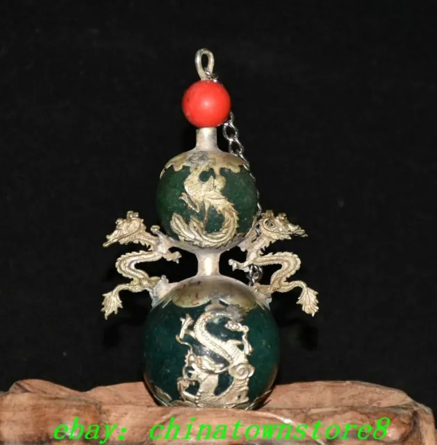 Antique China White Copper Green Jade Dragon Phoenix Gourd Snuff Bottle Vintage