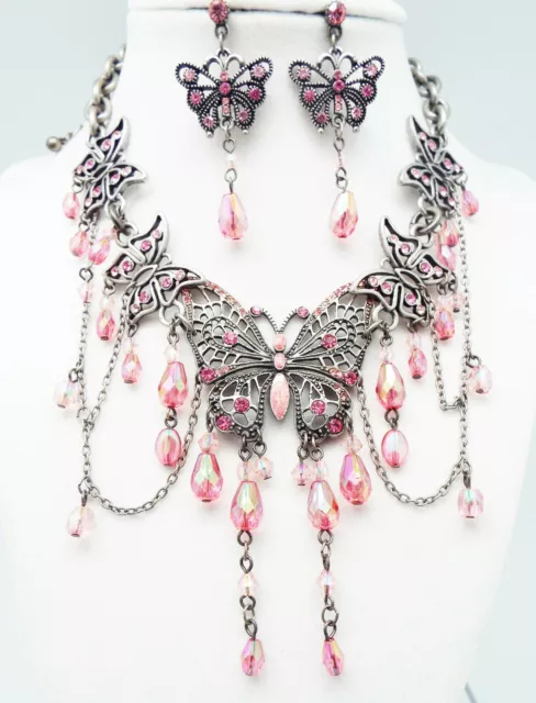 DESIGNER INSPIRED 17 in PINK A/B MULTI CRYSTAL ENAMEL BUTTERFLY JEWELERY SET NEW